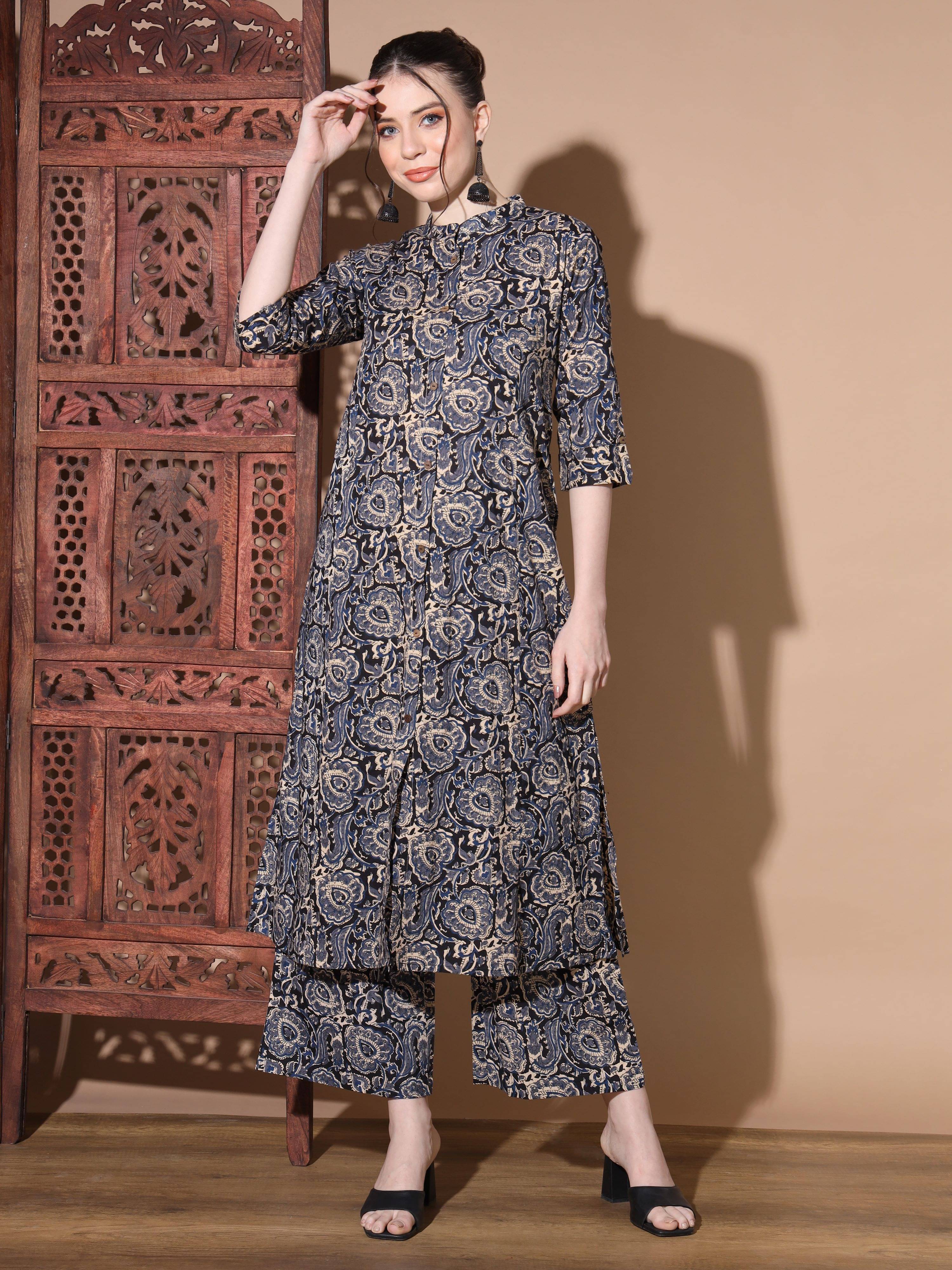     			Vbuyz Women Cotton Printed A-line Kurti With Palazzo ( Blue )