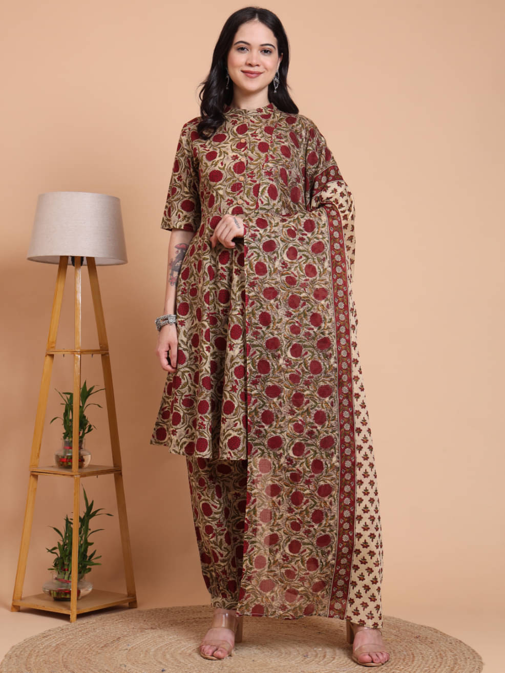 Yash Gallery Women Cotton Blend Printed A-line Kurti With Pants ( Maroon ) Yash Gallery Women Cotton Blend Printed A-line Kurti With Pants ( Maroon )