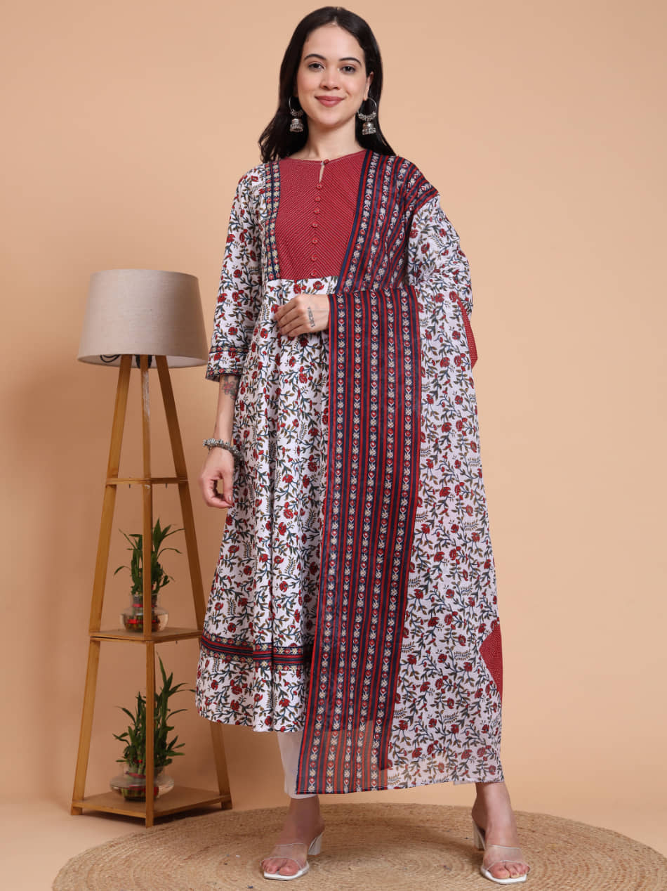 Yash Gallery Women Cotton Printed Anarkali Kurti With Pants ( White )