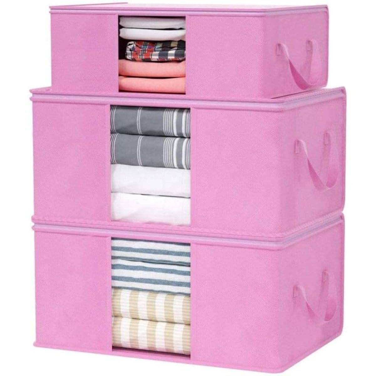     			ZOVIRA Premium Foldable Clothes Storage Bag for Sarees, Blankets & Quilts | Non-Woven Fabric Organizer with Transparent Window & Strong Handles (Pack of 3, Pink)