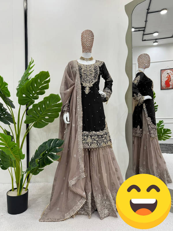 BHAGYASHRAY Women Georgette Embroidered Straight Kurti With Sharara And Gharara ( Black ) BHAGYASHRAY Women Georgette Embroidered Straight Kurti With Sharara And Gharara ( Black )
