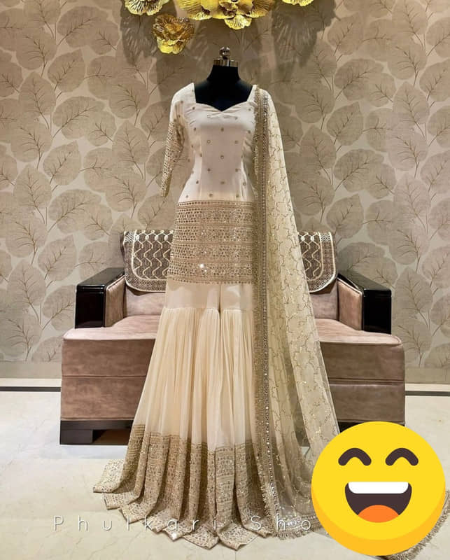BHAGYASHRAY Women Satin Embroidered Straight Kurti With Sharara And Gharara ( White )