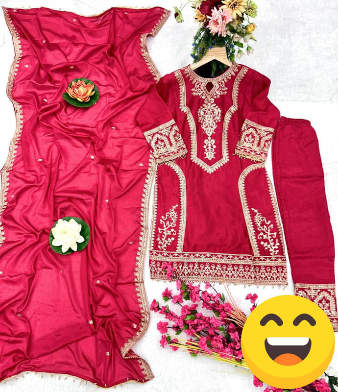     			BHAGYASHRAY Women Silk Embroidered Straight Kurti With Pants ( Red )