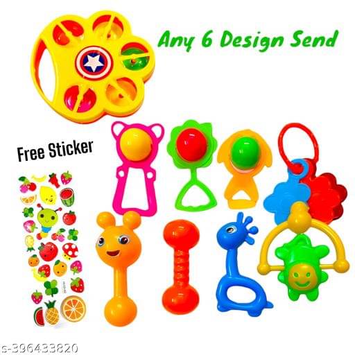     			Baby Rattle Toy Set of Any 6 Pcs For Toddler Kids - Attractive, Colorful Rattles For Babies - Shake hands and follow the rhythm toys - Fine Motor Skills - Pack Of 1 with Free Sticker