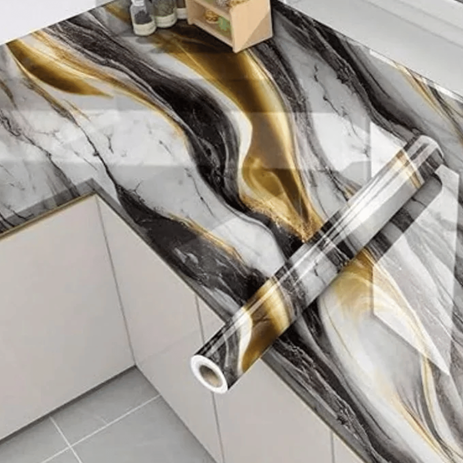 Black Gold Marble Self Adhesive Wallpaper Roll – Waterproof PVC Peel and Stick Wall & Furniture Decorative Sheet     			Black Gold Marble Self Adhesive Wallpaper Roll – Waterproof PVC Peel and Stick Wall & Furniture Decorative Sheet
