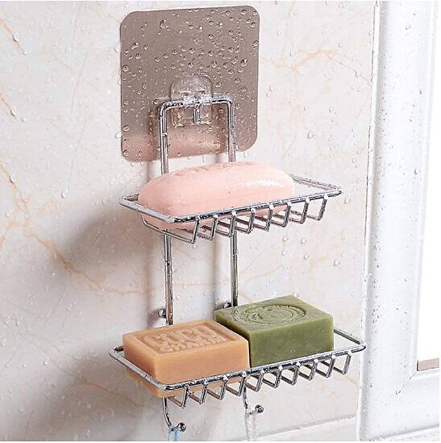     			Double Layer soap Dish Holder & Dispensers, Self-Adhesive Stainless Steel Waterproof Kitchen Bathroom Soaps Storage Rack with 2 Hook