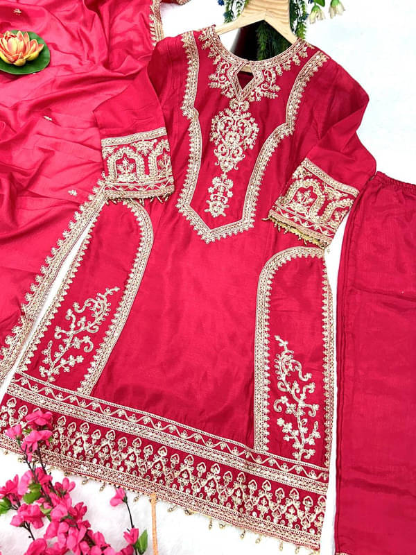     			Dulhan Saree Women Silk Embroidered Straight Kurti With Pants ( Red )