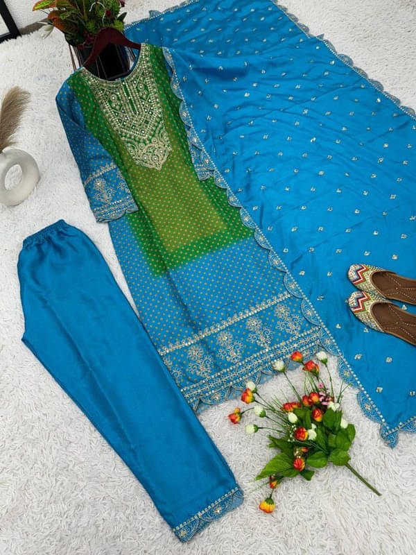     			Dulhan Saree Women Silk Embroidered Straight Kurti With Pants ( Blue )