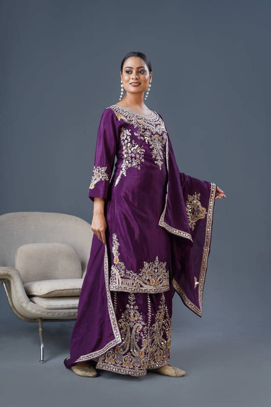 Dulhan Saree Women Silk Embroidered Straight Kurti With Sharara And Gharara ( Wine ) Dulhan Saree Women Silk Embroidered Straight Kurti With Sharara And Gharara ( Wine )