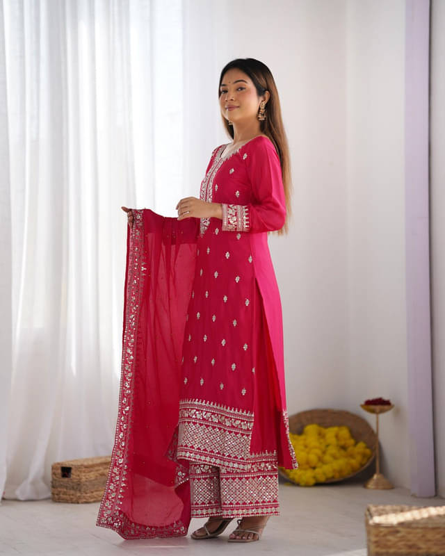     			Dulhan Saree Women Silk Embroidered Straight Kurti With Pants ( Pink )