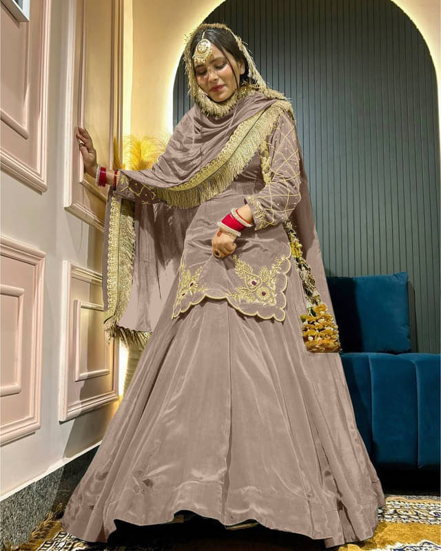     			Dulhan Saree Women Silk Embroidered Straight Kurti With Sharara And Gharara ( Beige )