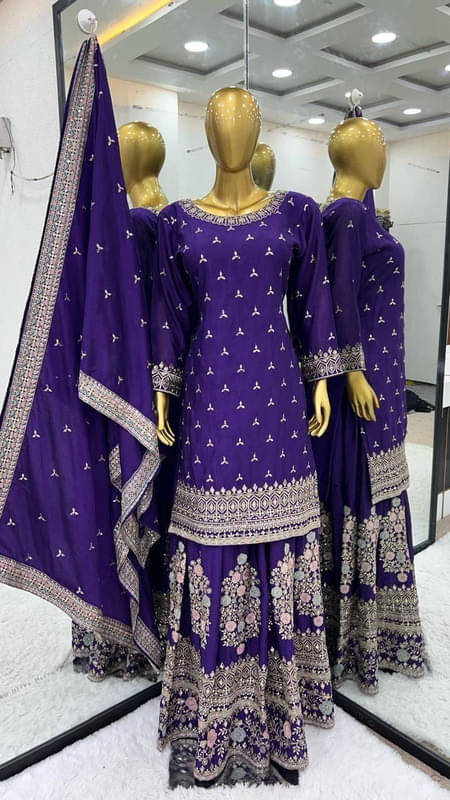     			Garv Enterprises Women Chiffon Embroidered Straight Kurti With Sharara And Gharara ( Purple )