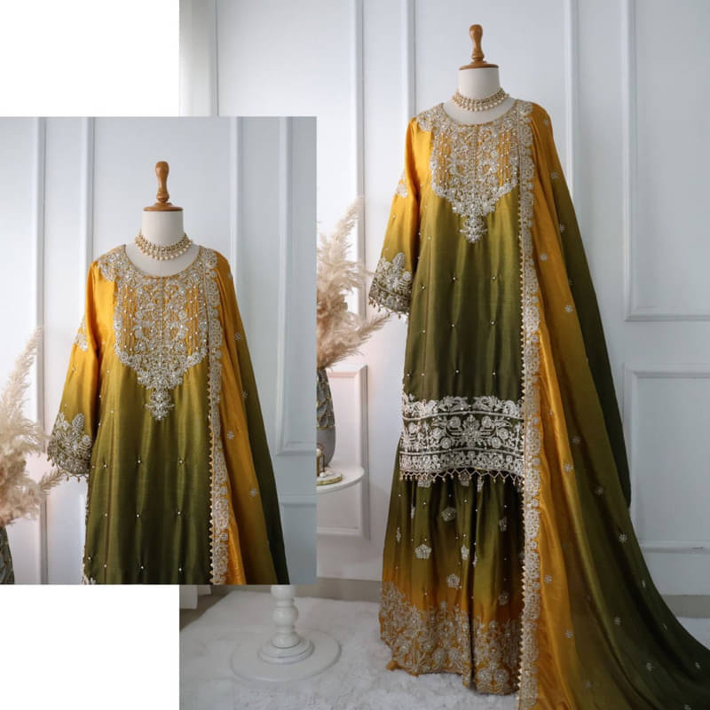 Garv Enterprises Women Silk Embroidered Straight Kurti With Sharara And Gharara ( Green ) Garv Enterprises Women Silk Embroidered Straight Kurti With Sharara And Gharara ( Green )