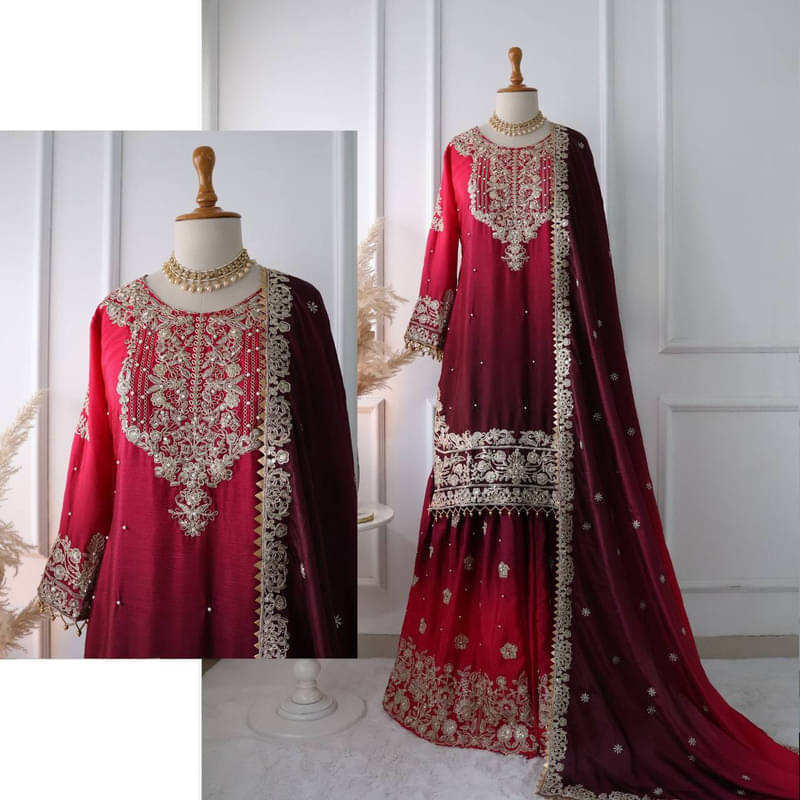 Garv Enterprises Women Silk Embroidered Straight Kurti With Sharara And Gharara ( Maroon ) Garv Enterprises Women Silk Embroidered Straight Kurti With Sharara And Gharara ( Maroon )