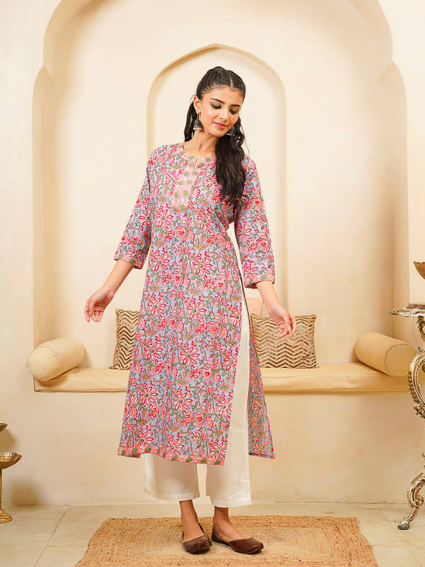 Goodhand Women Cotton Printed Straight Kurti ( Grey )     			Goodhand Women Cotton Printed Straight Kurti ( Grey )