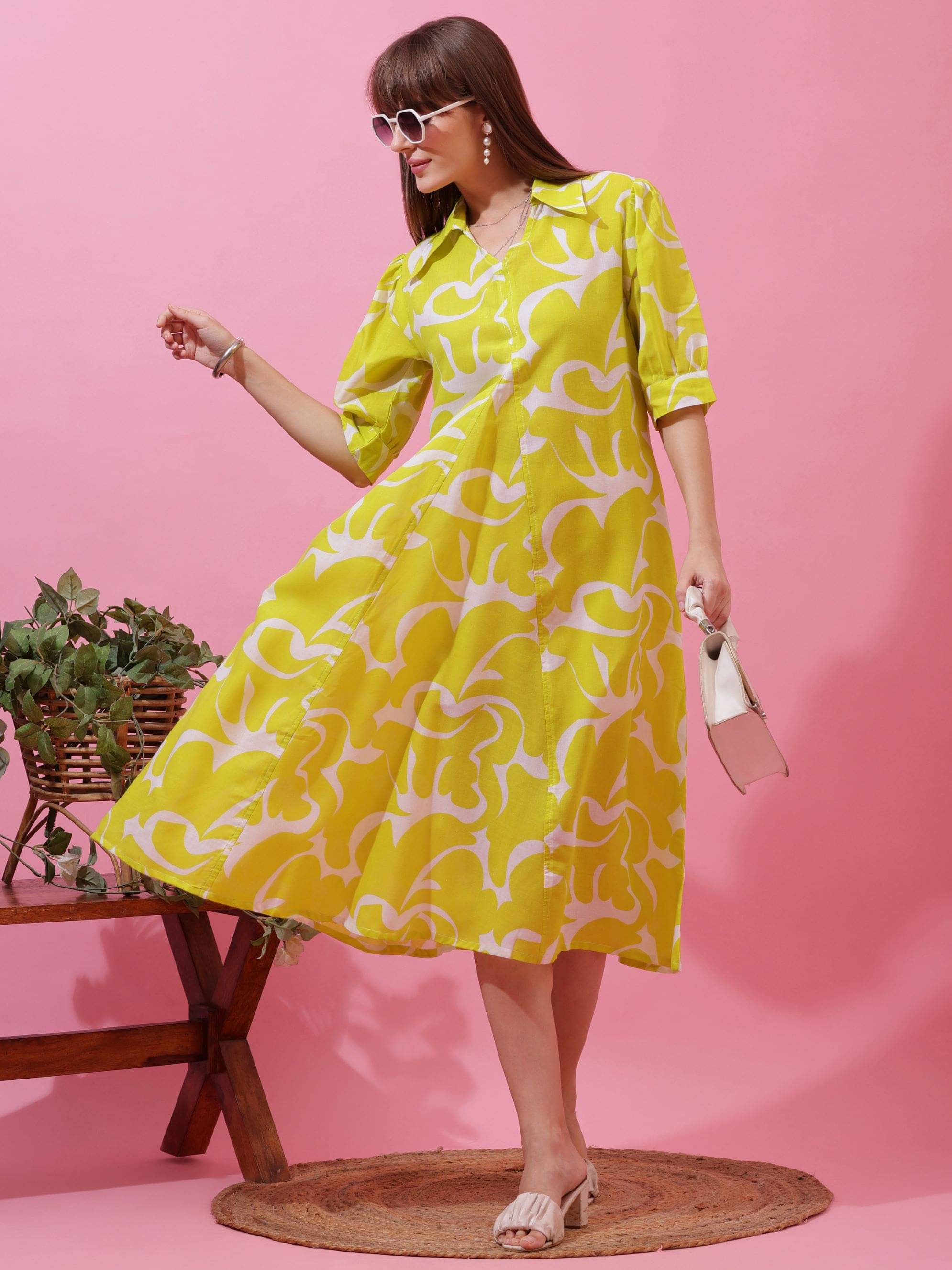     			Honky Tonky Women Cotton Printed A-line Dress ( Lime Green )