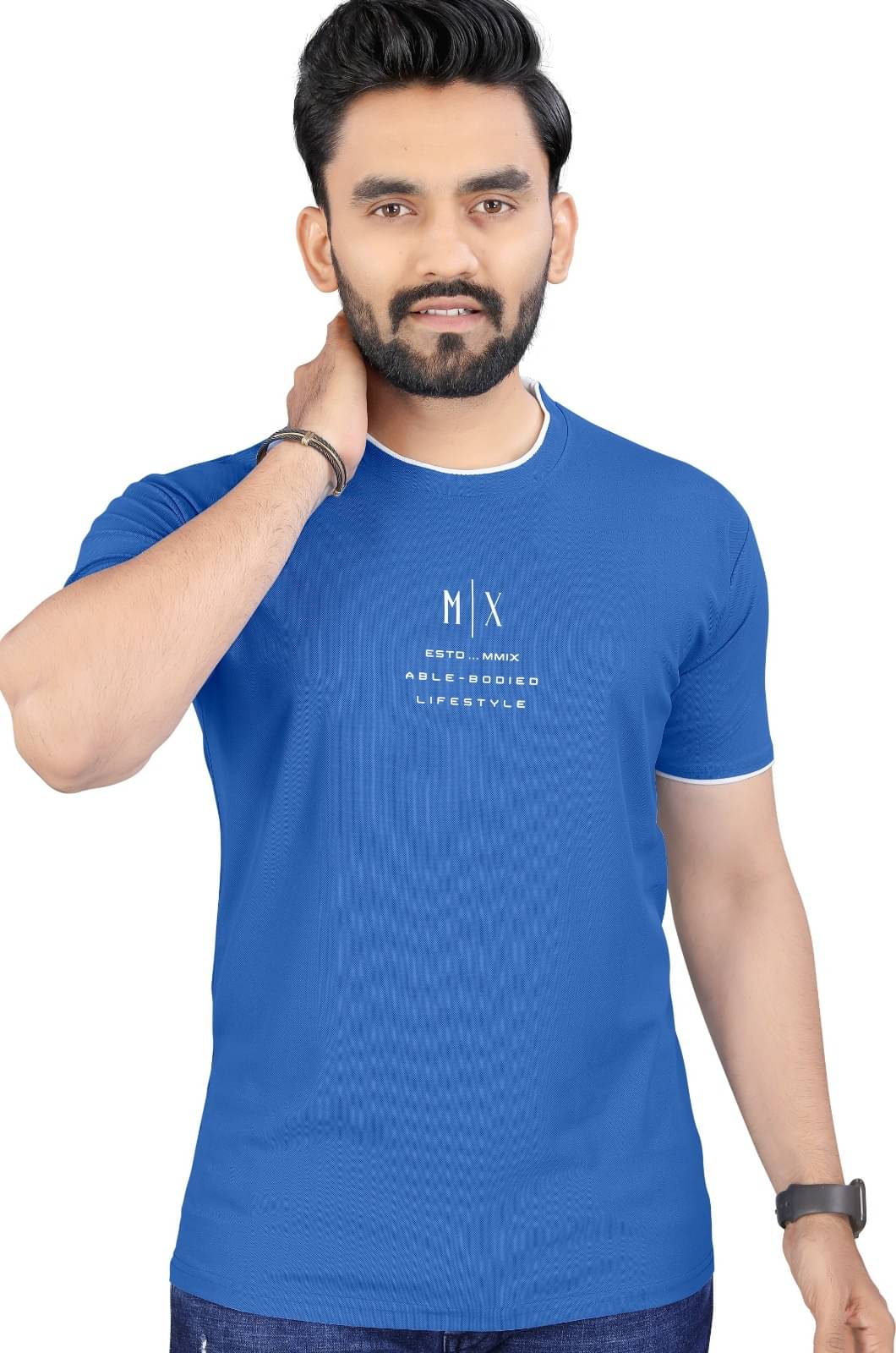 Jay Jagdamba suit house Men Cotton Blend Regular Fit Solid T-Shirt ( Blue ) Jay Jagdamba suit house Men Cotton Blend Regular Fit Solid T-Shirt ( Blue )