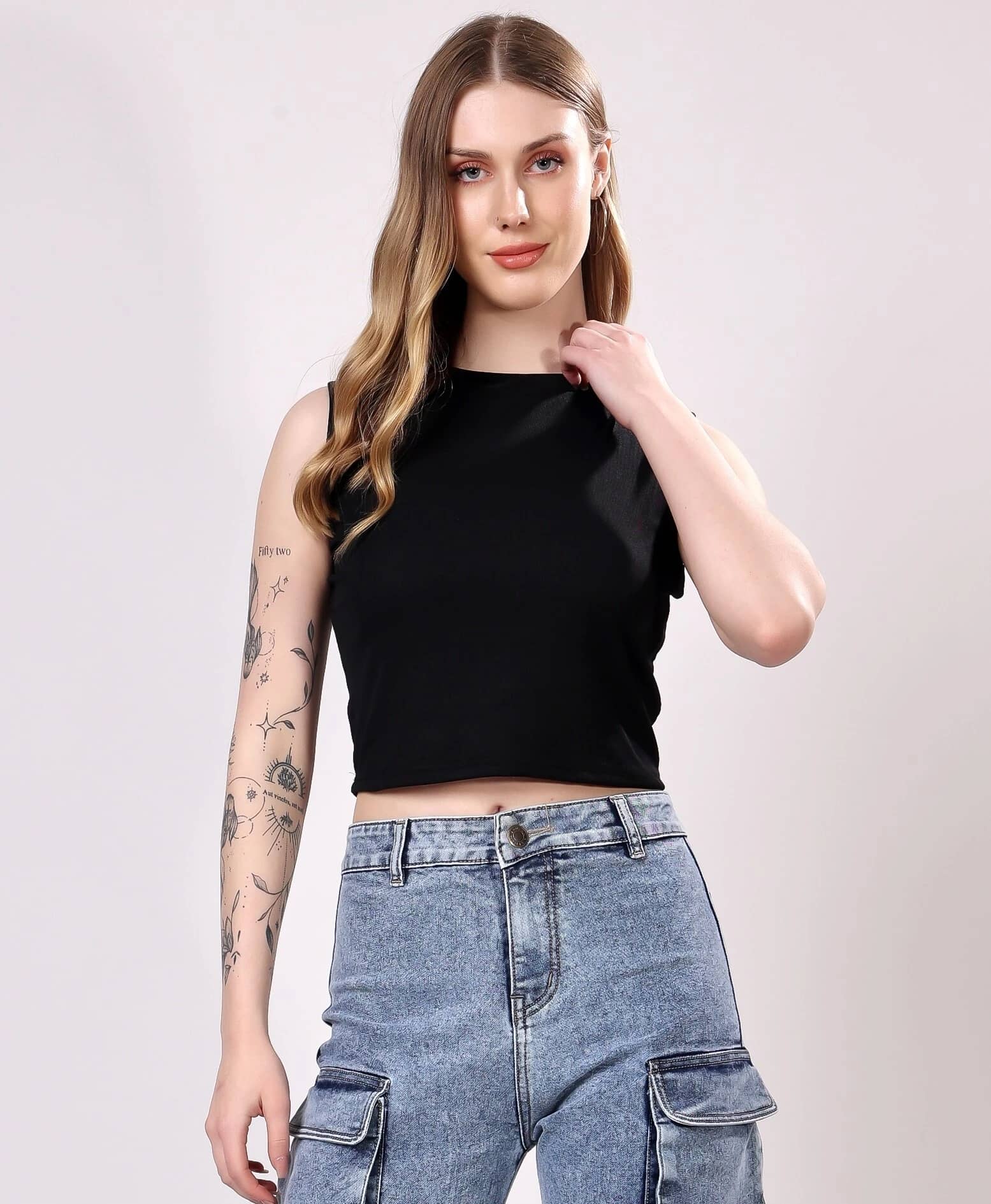 LONDON HILLS Women's Cotton Blend Crop Top ( Black )