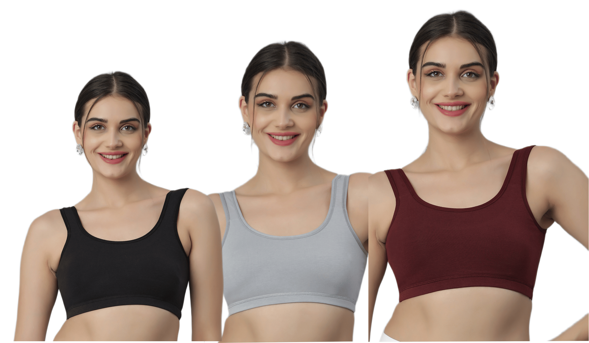 LUXORA Pack of 3 Lycra Non Padded Sports Bra For Women ( Black,Grey,Wine ) LUXORA Pack of 3 Lycra Non Padded Sports Bra For Women ( Black,Grey,Wine )