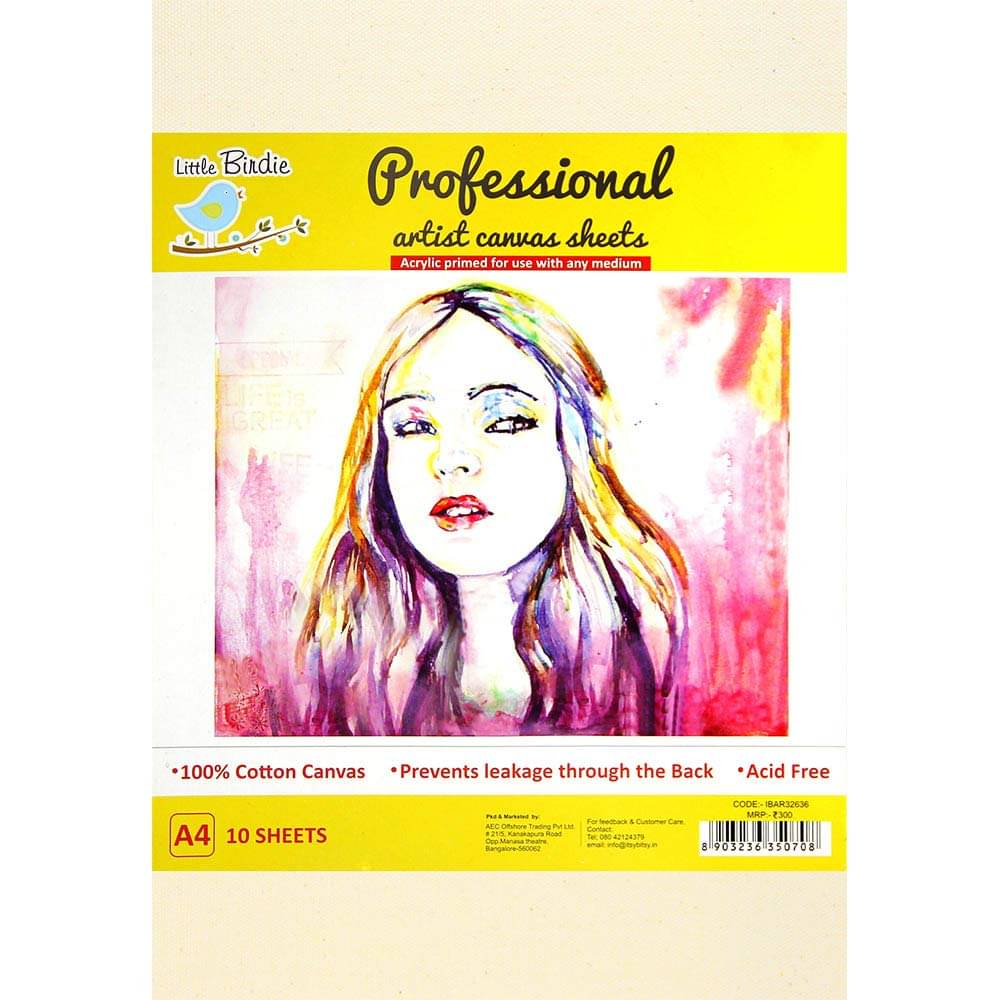     			Little Birdie Professional Artist Canvas Sheets A4 Size | 10 Sheets | 100% Cotton Pre-Primed Canvas Pad for Acrylic & Oil Painting | Ideal for Artists, Students & Beginners | White