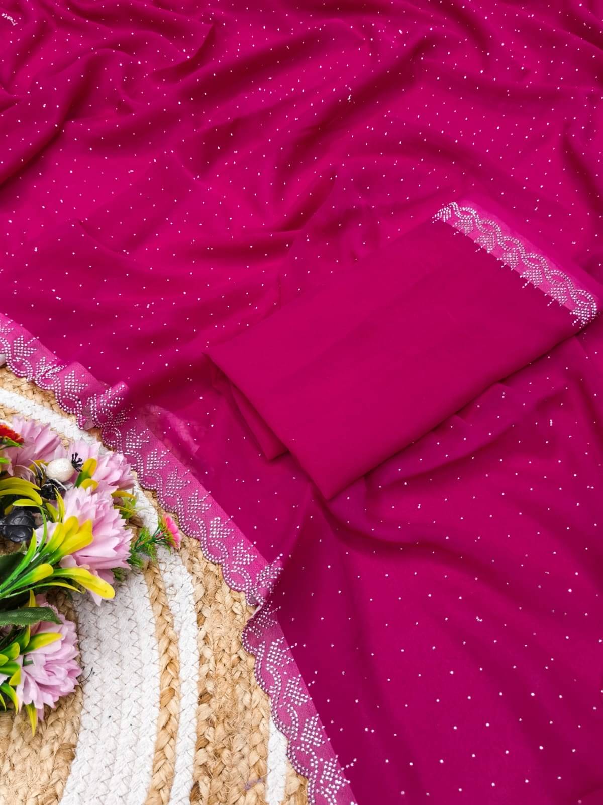     			Madhav Art Georgette Embellished Regular Saree With Unstitched Blouse Piece ( Pink )