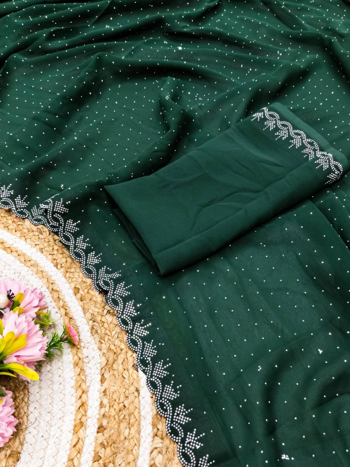     			Madhav Art Georgette Embellished Regular Saree With Unstitched Blouse Piece ( Green )