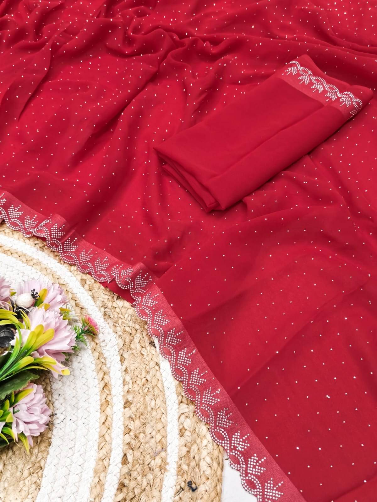 Madhav Art Georgette Embellished Regular Saree With Unstitched Blouse Piece ( Red ) Madhav Art Georgette Embellished Regular Saree With Unstitched Blouse Piece ( Red )