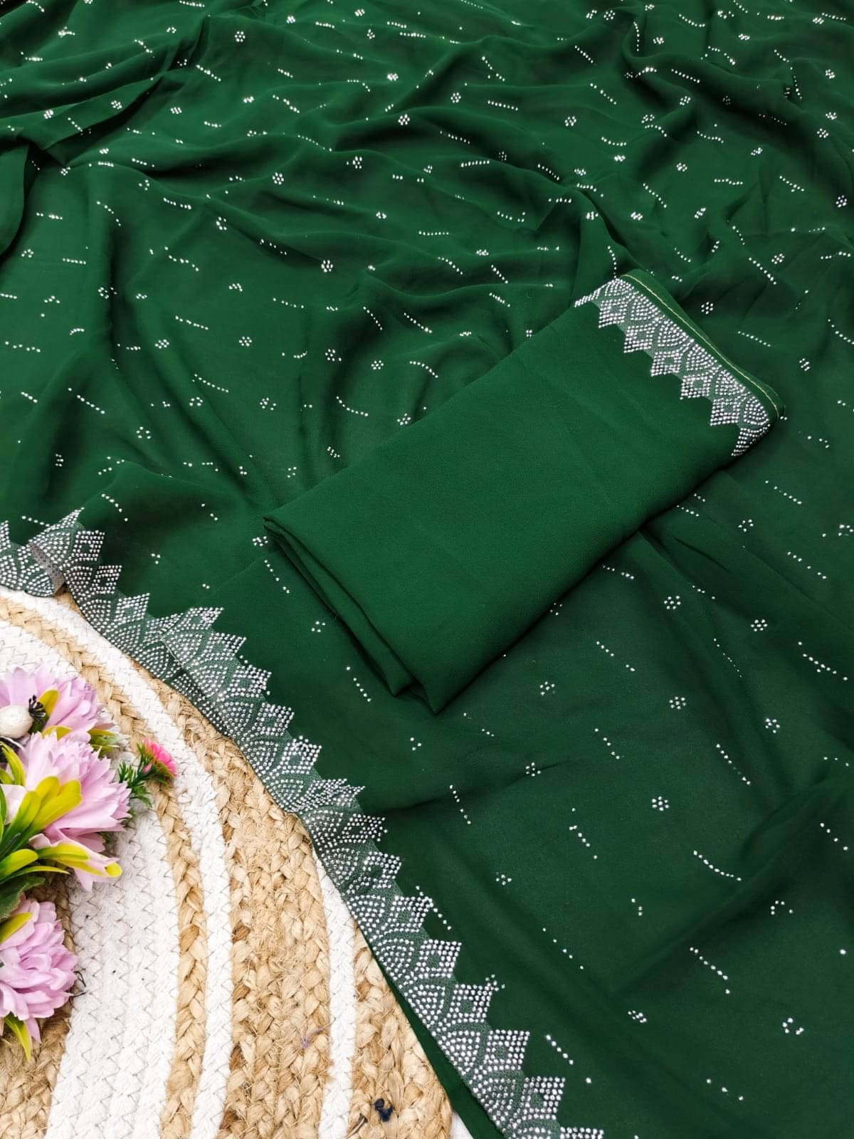     			Madhav Art Georgette Embellished Regular Saree With Unstitched Blouse Piece ( Green )