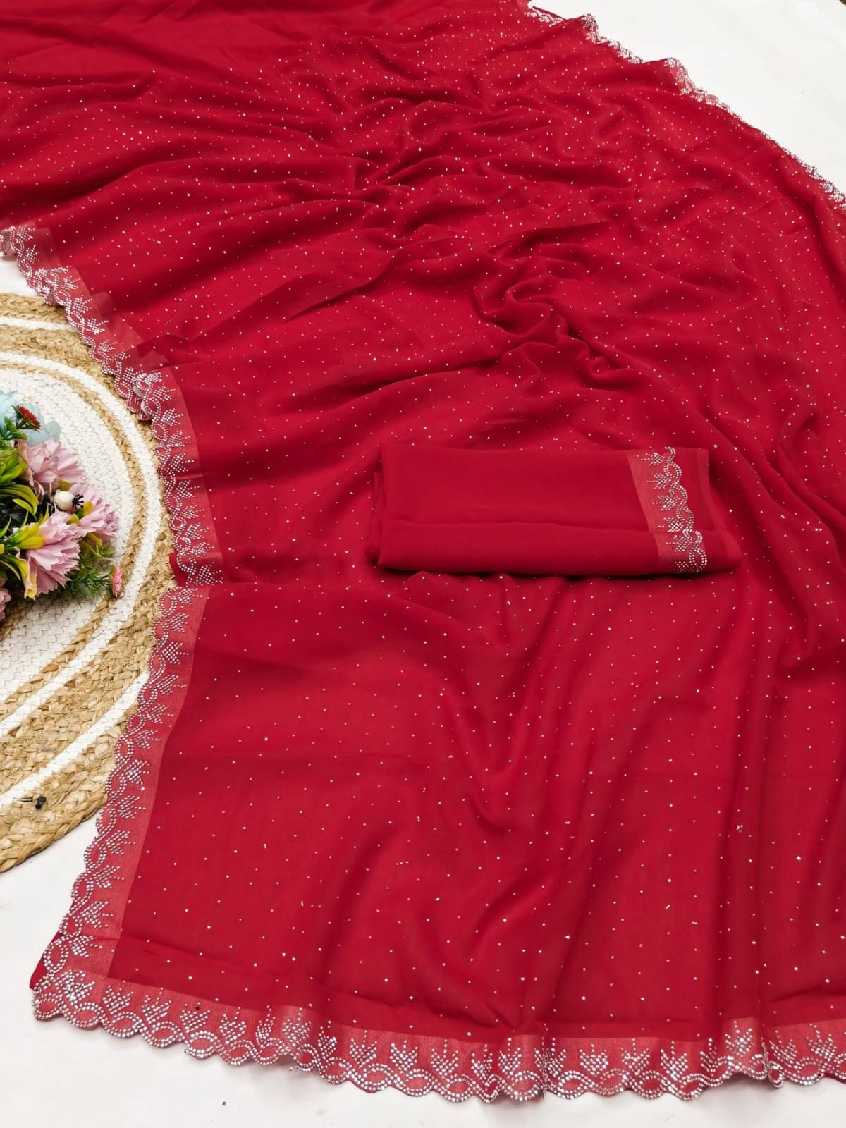    			Madhav Art Georgette Embellished Regular Saree With Unstitched Blouse Piece ( Red )