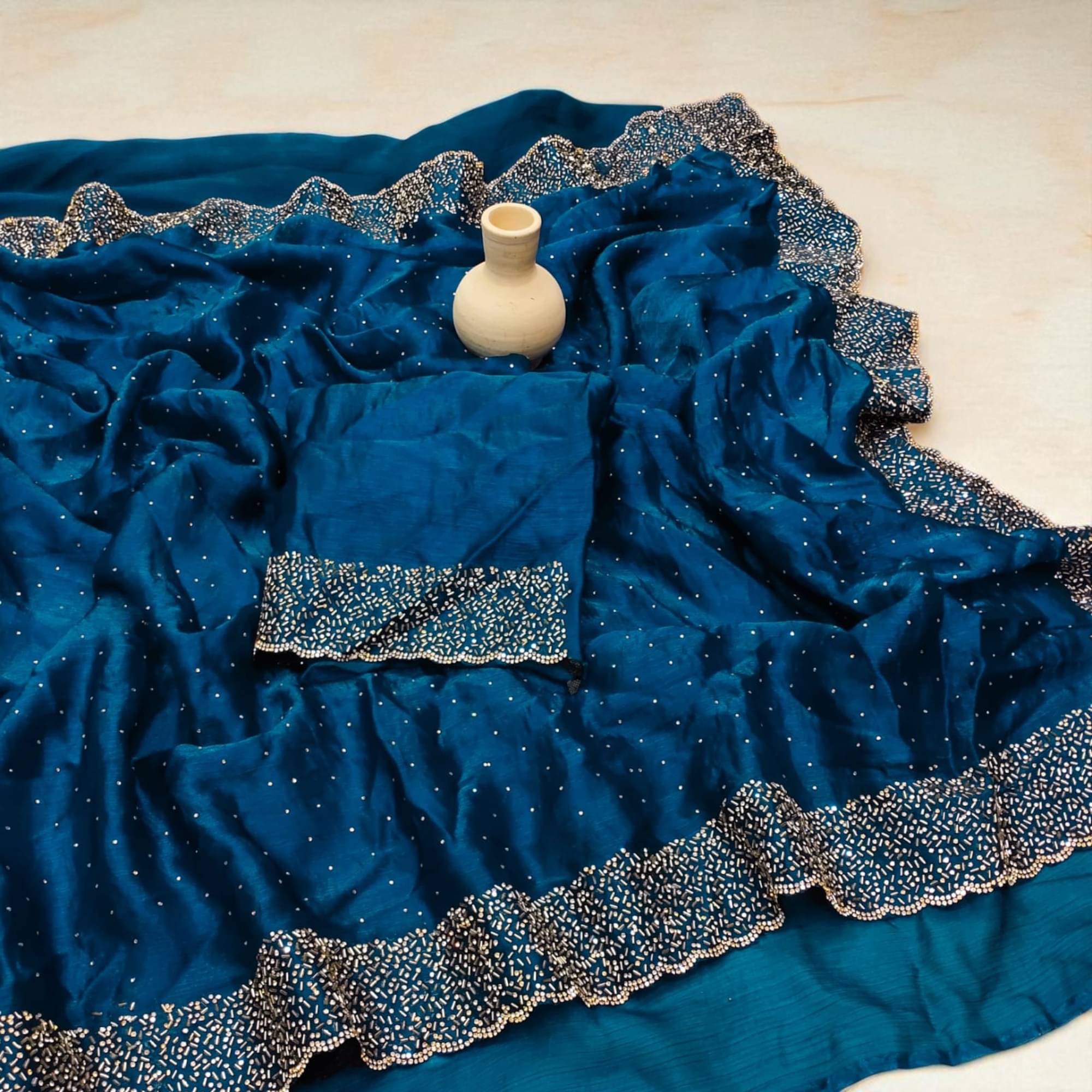 Madhav Art Satin Embellished Regular Saree With Unstitched Blouse Piece ( Teal ) Madhav Art Satin Embellished Regular Saree With Unstitched Blouse Piece ( Teal )