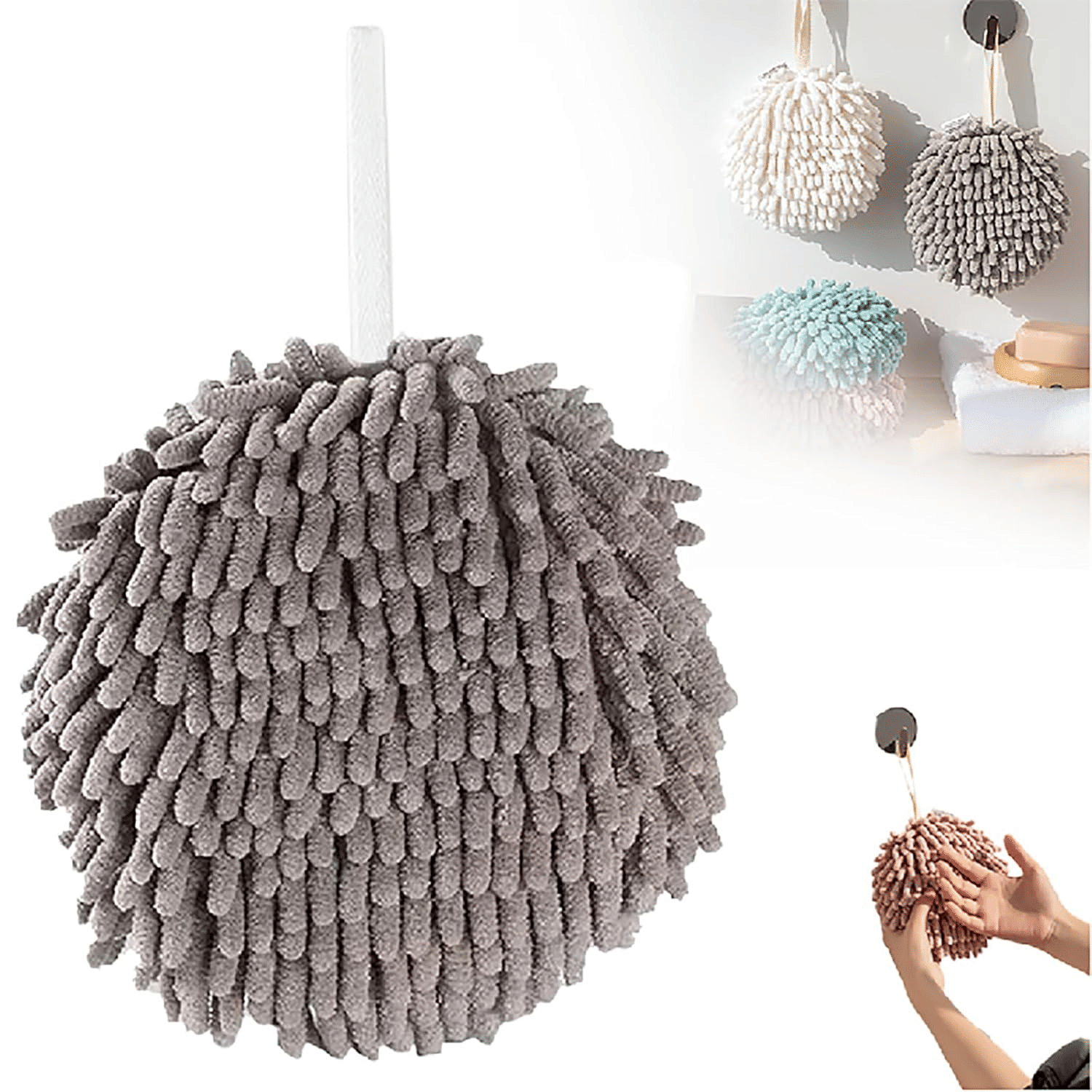     			Microfiber Ball Hand Towels | Multifunctional Washbasin Hanging Ball Hand Towel Soft Absorbent Quick Drying Towels with Loop for Kitchen Bathroom Washstand - 1PCS, Multicolor