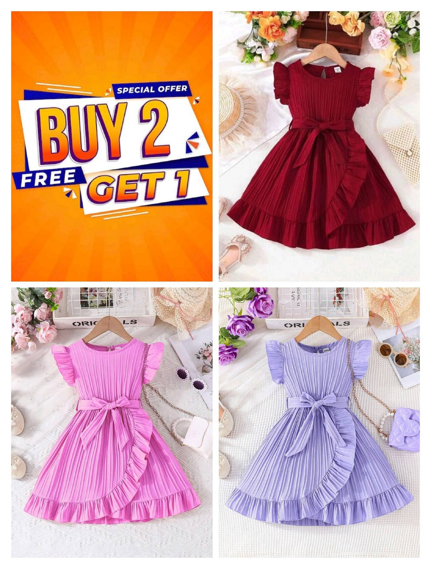     			Mullick the designer Cotton Blend Frock For Girls ( Pack of 3 , Lavender,Red,Pink )