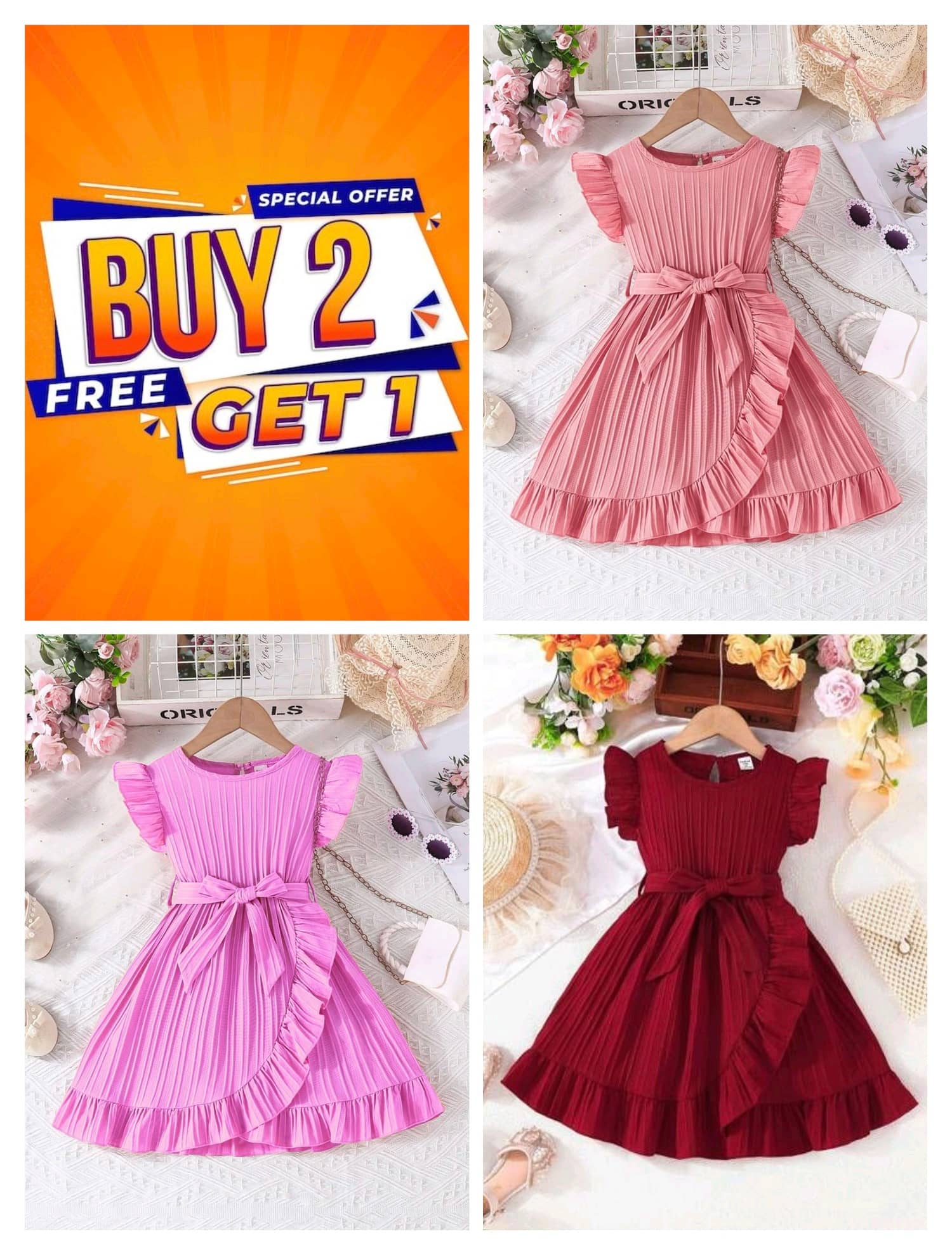 Mullick the designer Cotton Blend Frock For Girls ( Pack of 3 , Light Pink,Peach,Red )
