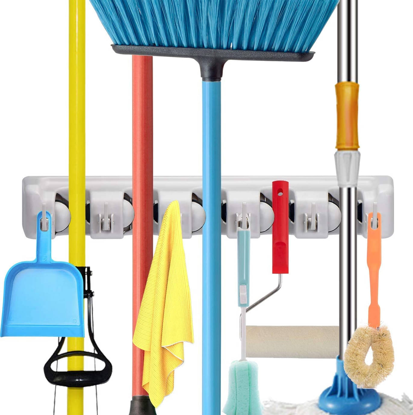     			PRIMIYARA Mop and Broom Holder Wall Mount, Heavy Duty Broom Holder Wall Mounted or Tool Organizer For Home Garden Garage And Storage (5 Positions with 6 Hooks) (Black) Plastic