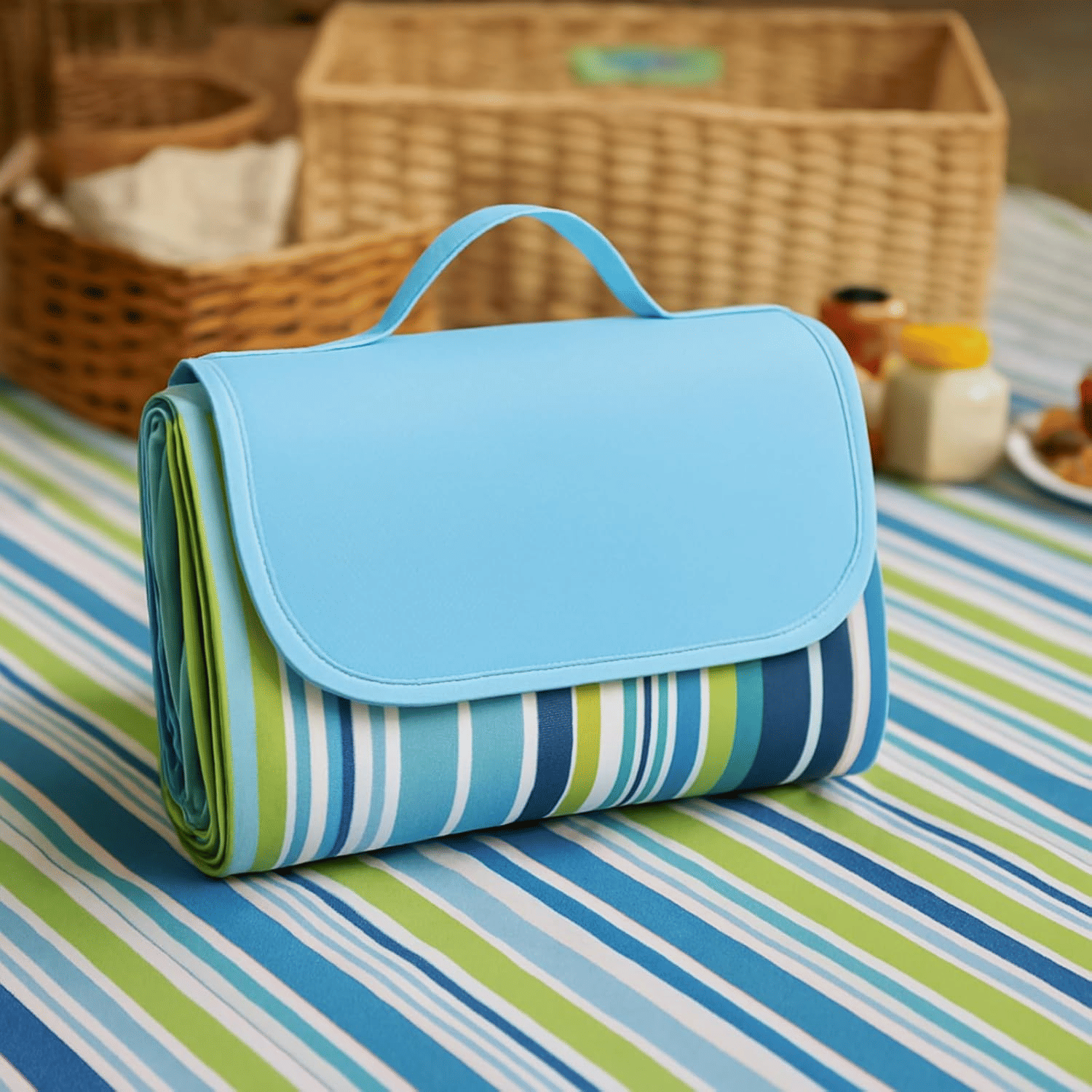     			Picnic Blanket Portable Beach Mat Waterproof Outdoor Blanket with Handle Lightweight & Foldable for Camping, Beach,Travel & Hiking (Blue)