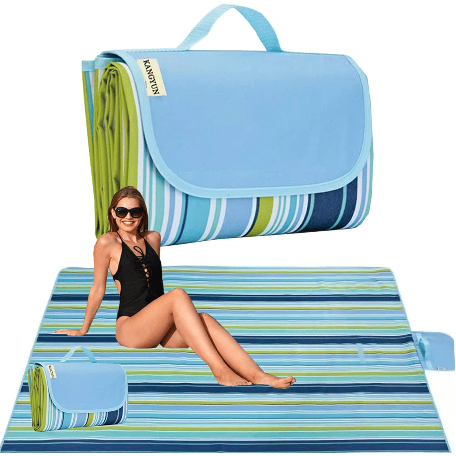     			Picnic Blanket Portable Beach Mat Waterproof Outdoor Blanket with Handle Lightweight & Foldable for Camping, Beach,Travel & Hiking (Blue)