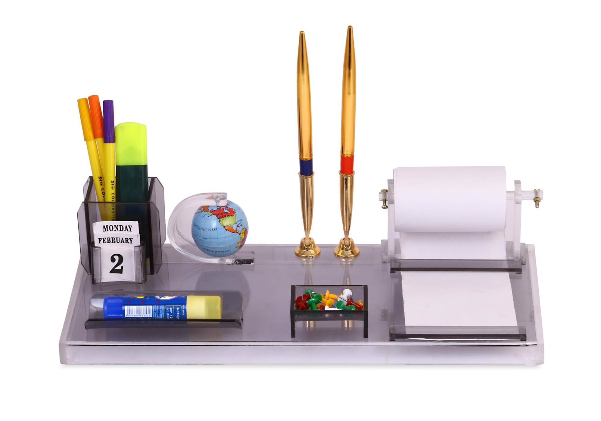    			Rasper Acrylic Pen Stand With Card Holder For Office Table With Revolving Globe Model & Paper Roll Pad Holder Acrylic Desk Organizer Stylish Multipurpose Pen Stand Office Study Table Organiser