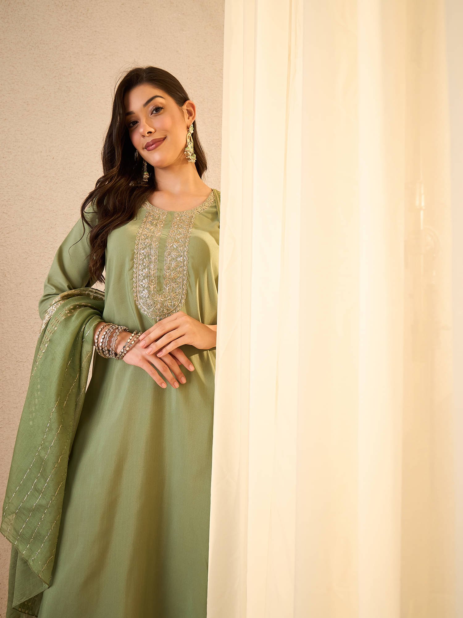     			Royal Export Women Viscose Embroidered Straight Kurti With Pants ( Green )