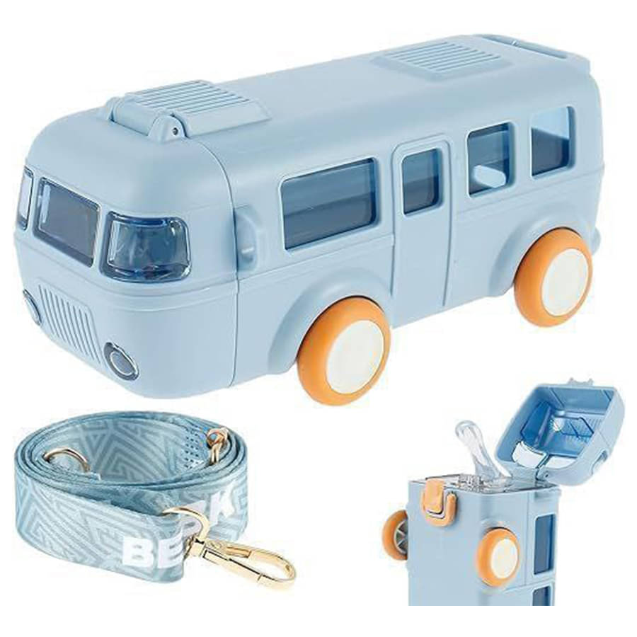 SCODELLA Bus Shape Water Bottle for Kids Detachable Straw with Shoulder Strap Leak-Proof Cartoon Water Bottle with Wheels (BLUE) SCODELLA Bus Shape Water Bottle for Kids Detachable Straw with Shoulder Strap Leak-Proof Cartoon Water Bottle with Wheels (BLUE)