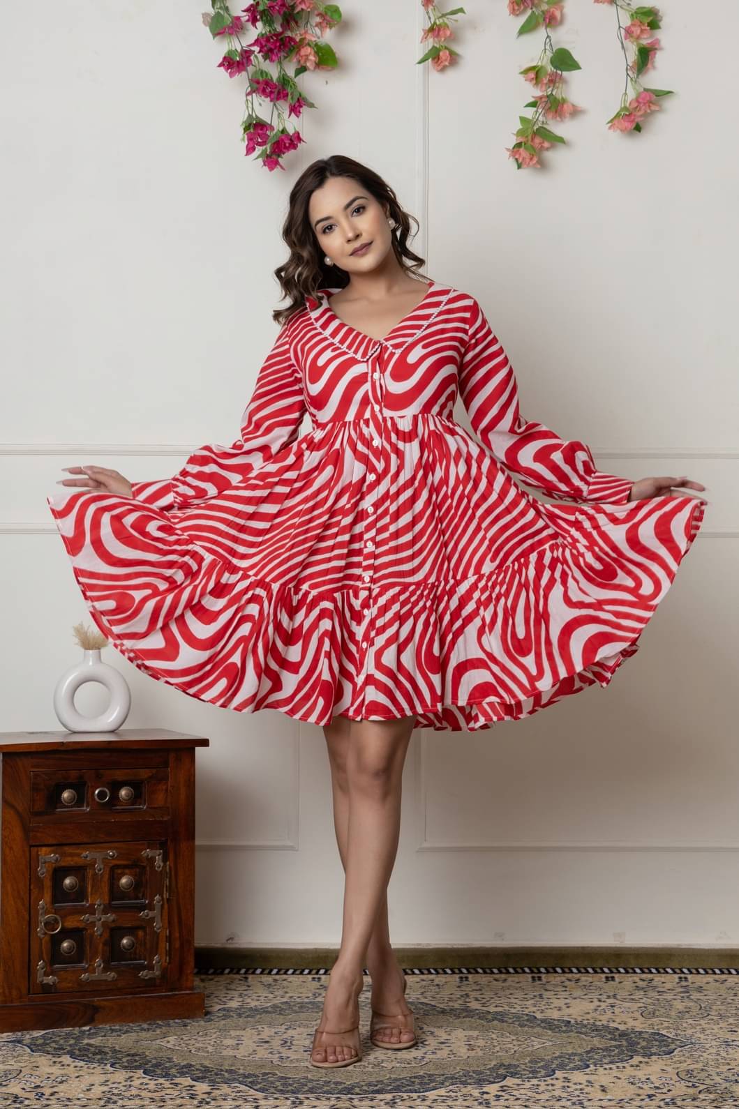 SEREN MILANO Women Cotton Printed A-line Dress ( Red )     			SEREN MILANO Women Cotton Printed A-line Dress ( Red )