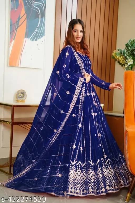     			Sahaj Creation Blue Net Chaniya Choli Semi Stitched Lehenga Single
