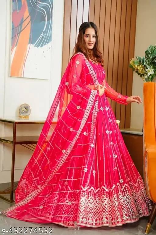     			Sahaj Creation Pink Net Chaniya Choli Semi Stitched Lehenga Single