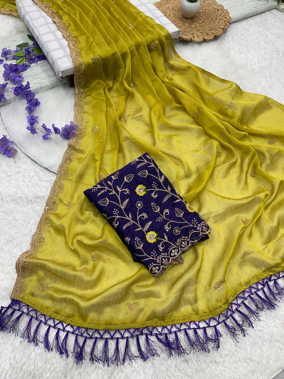 Shree Mahantam Chiffon Embroidered Banarasi saree With Unstitched Blouse Piece ( Mustard ) Shree Mahantam Chiffon Embroidered Banarasi saree With Unstitched Blouse Piece ( Mustard )