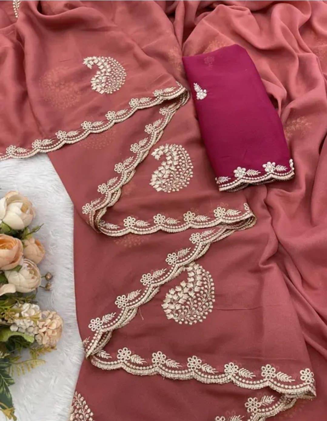     			Shree Mahantam Georgette Embroidered Banarasi saree With Unstitched Blouse Piece ( Peach )
