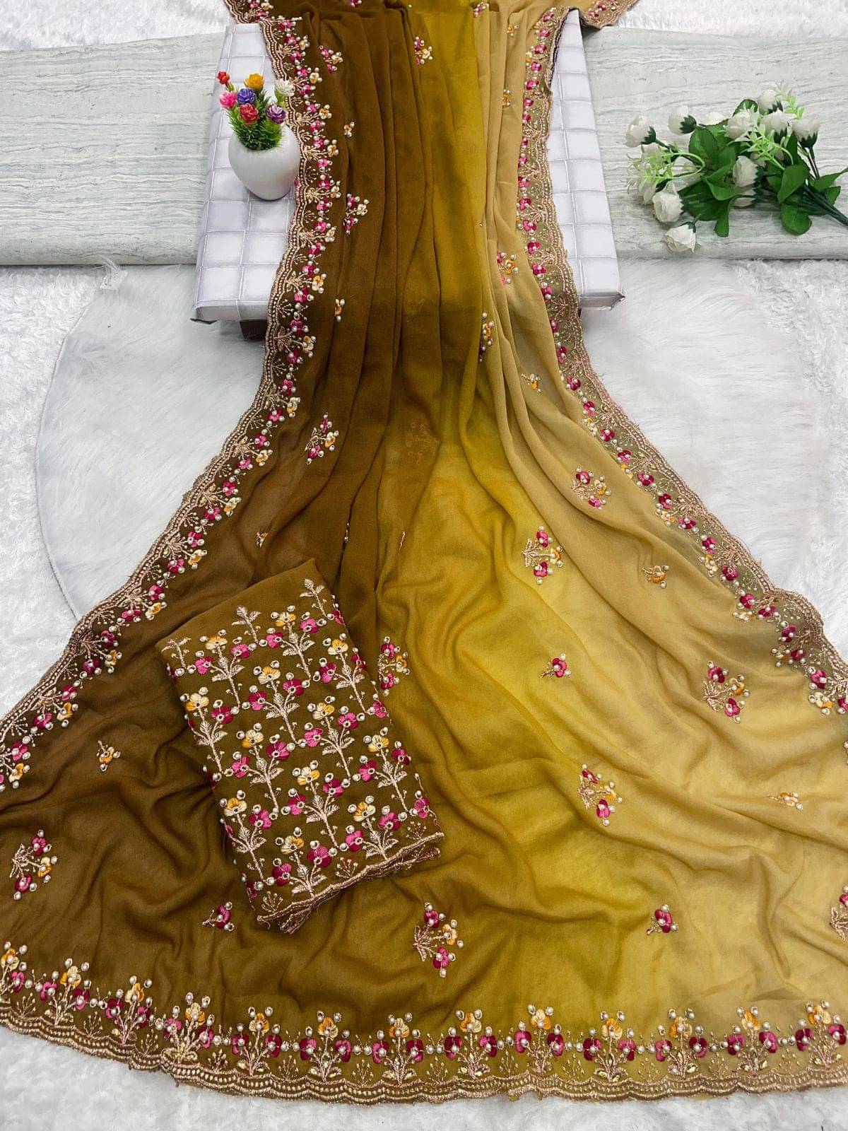    			Shree Mahantam Georgette Embroidered Banarasi saree With Unstitched Blouse Piece ( Mustard )