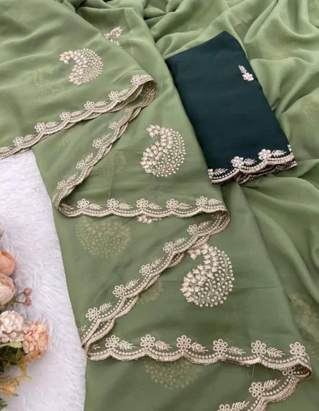     			Shree Mahantam Georgette Embroidered Banarasi saree With Unstitched Blouse Piece ( Green )