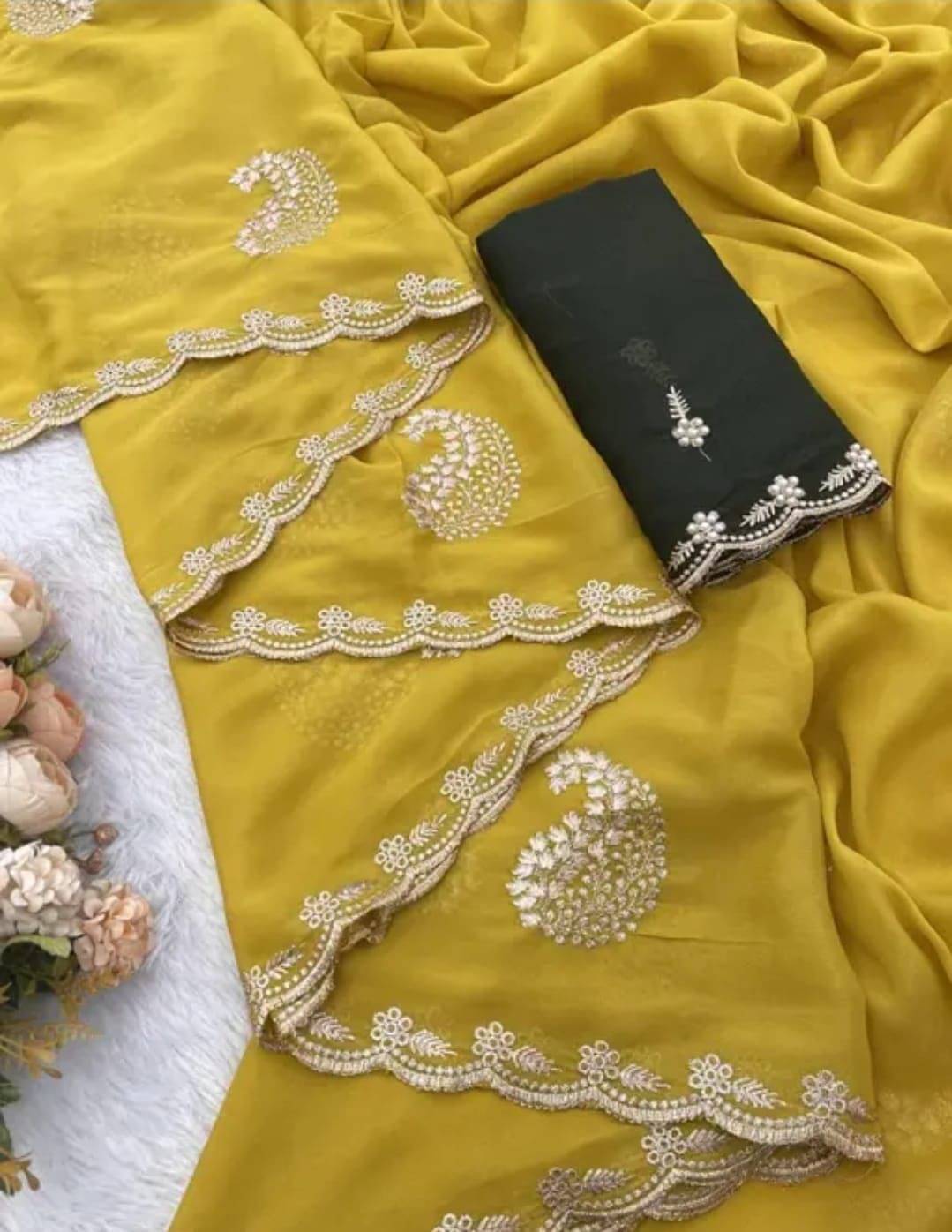     			Shree Mahantam Georgette Embroidered Banarasi saree With Unstitched Blouse Piece ( Yellow )