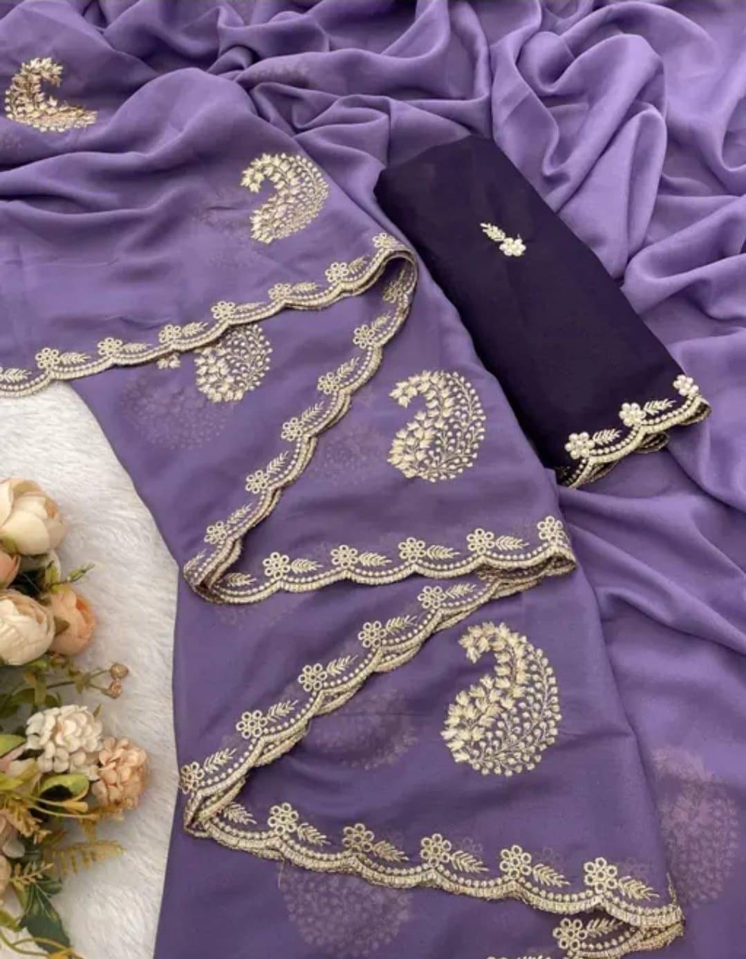     			Shree Mahantam Georgette Embroidered Banarasi saree With Unstitched Blouse Piece ( Lavender )