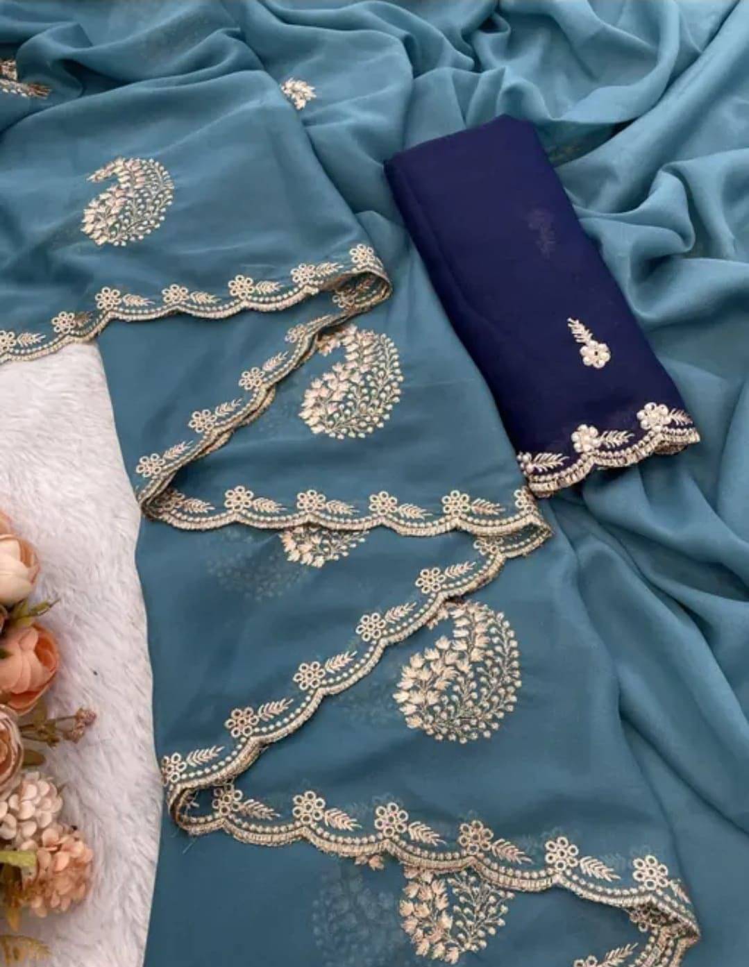    			Shree Mahantam Georgette Embroidered Banarasi saree With Unstitched Blouse Piece ( Light Blue )