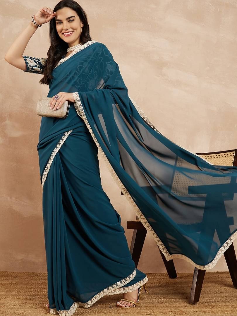     			Shree Sai Enterprise Georgette Embroidered Regular Saree With Stitched Blouse ( Rama )